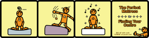 A four-panel comic advertisement featuring an individual struggling to find a decent mattress.