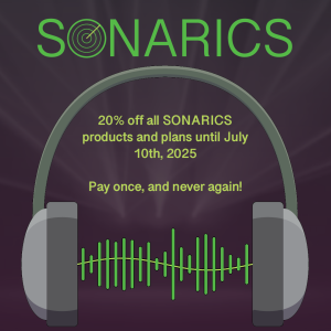 Ad created in Adobe Illustrator featuring headphones and the fake company SONARICS.