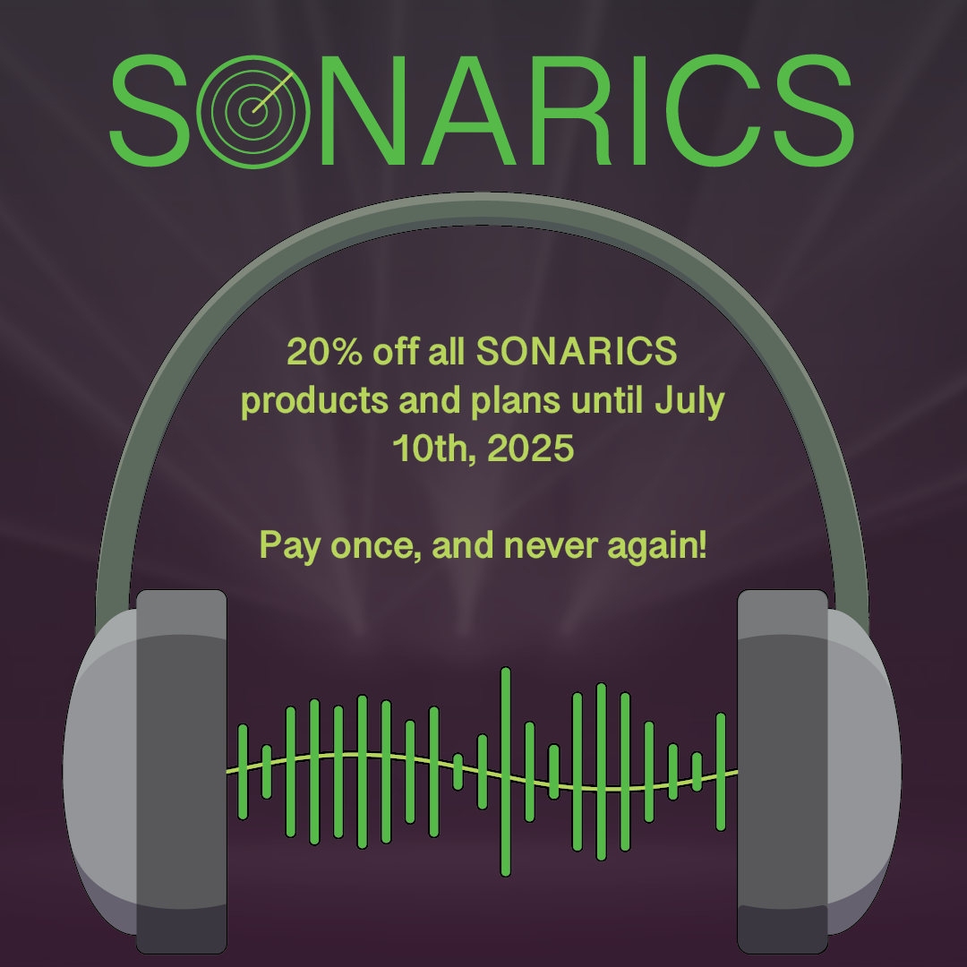 Ad created in Adobe Illustrator featuring headphones and the fake company SONARICS.
