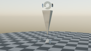 A 3D-modelled "music box", with a glass disk suspended between two metal pieces above a floating inverted pyramid.