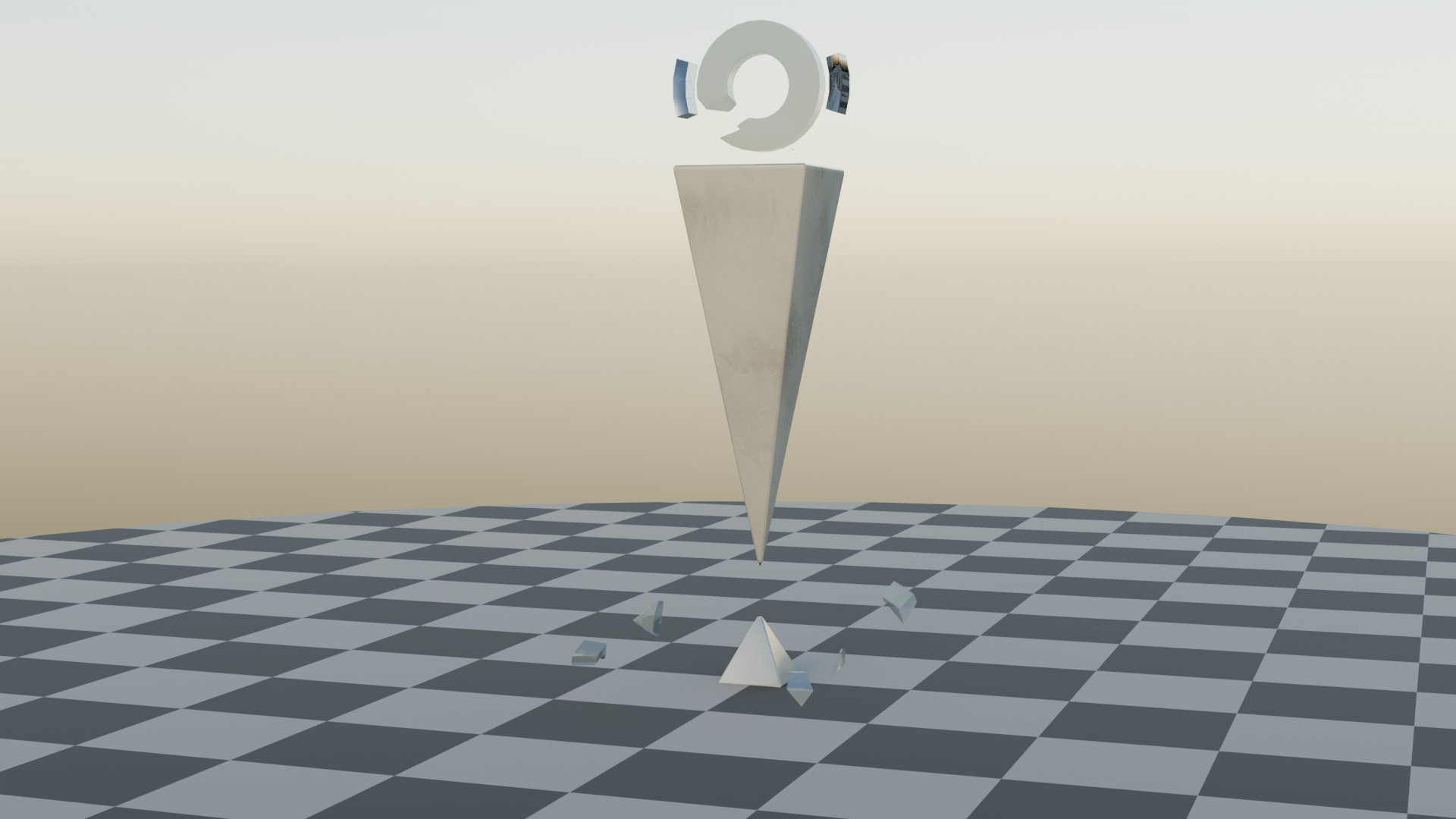 A 3D-modelled "music box", with a glass disk suspended between two metal pieces above a floating inverted pyramid.