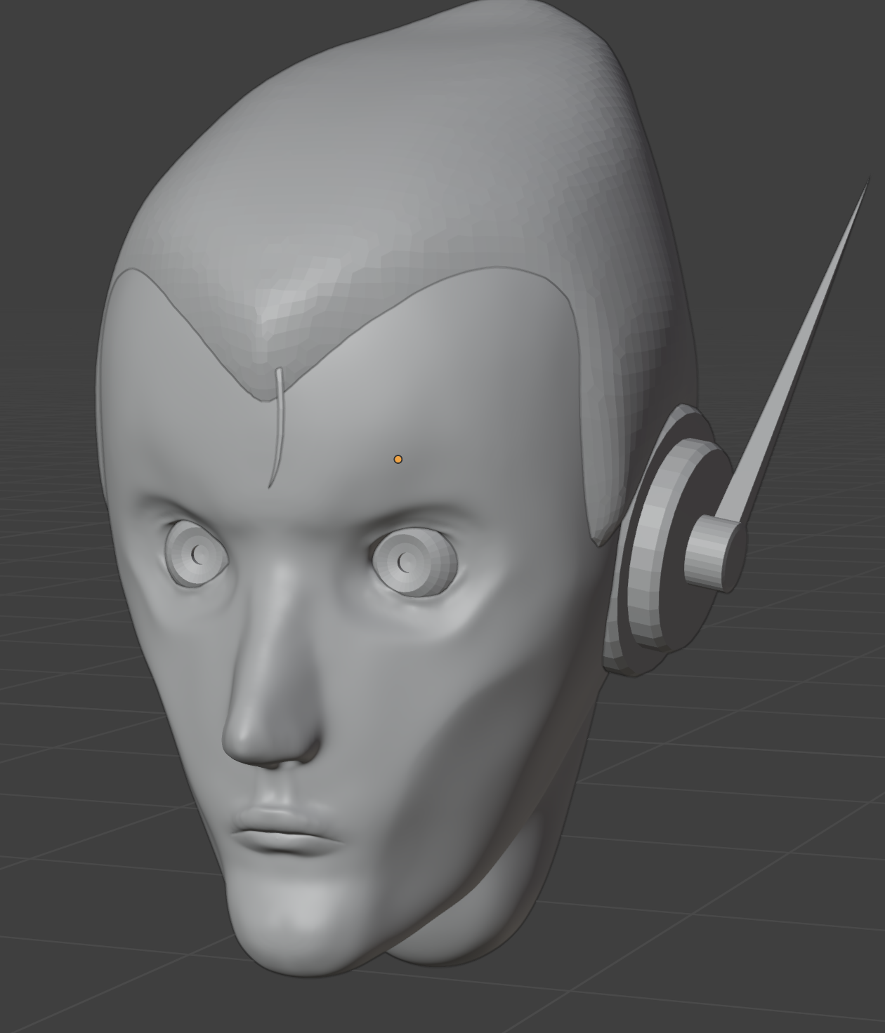 An image of a 3D-sculpted head, gaunt of features, with spiky earmuffs.